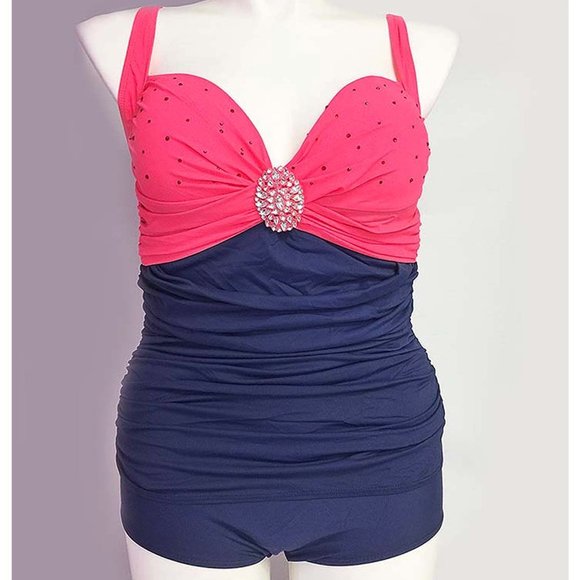 Plus 1Pc Ruched Front Swimsuit Women Size 14 Navy Blue Swimwear with Front Jewel - Picture 7 of 9